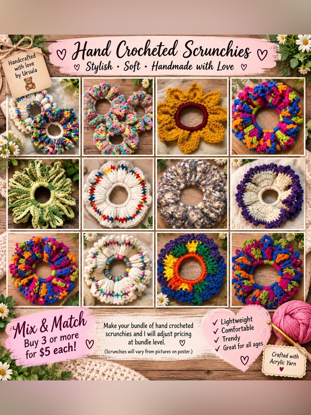 Hand Crafted Multicolor & Mustard Crochet Hair Scrunchie Set